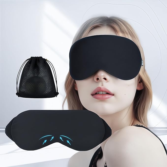 ZLZQER Cool Touch Cotton Eye Sleep Mask for Men & Women, Soft Breathable Flexible Fit for Side Sleepers, Adjustable Light Blocking Mask for Sleeping, Airplane Travel & Naps (Black)