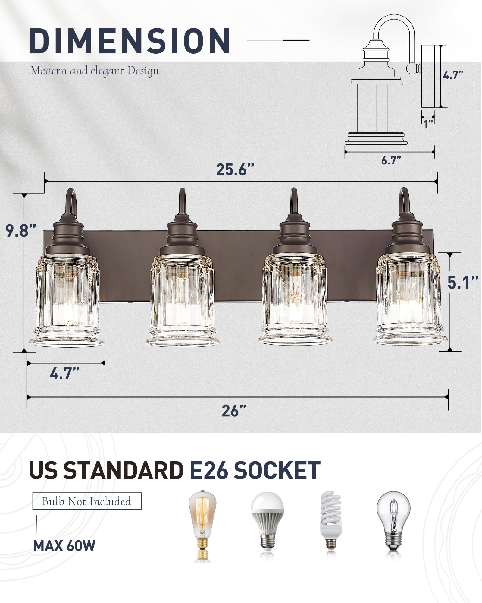 Bathroom Vanity Light - HWH 4-Light Vanity Lights for Bathroom Wall Mounted Light Fixtures Over Mirror, Oil Rubbed Bronze Vanity Light with Bell-Shaped Clear Glass, 5HZG106B-4W ORB