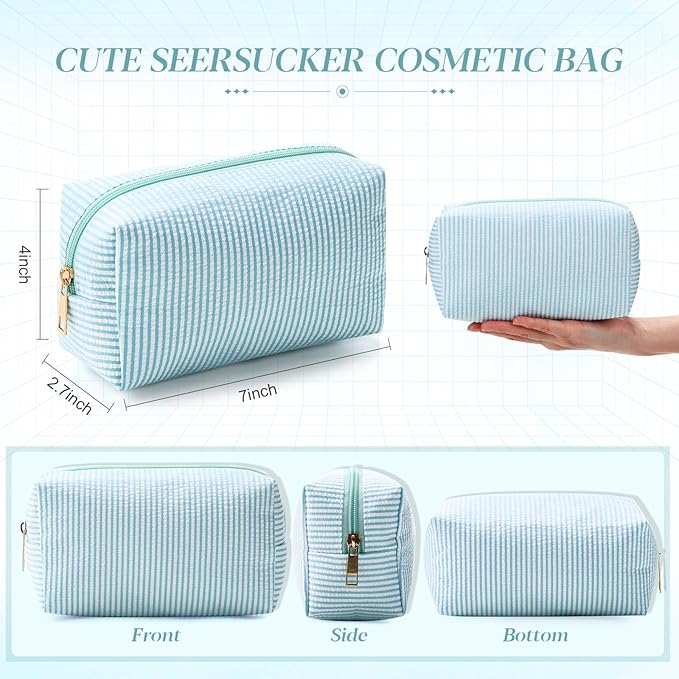 Sanwuta 6 Pcs Seersucker Cosmetic Bags Bulk Seersucker Makeup Bags Stripe Women Pouch Large Preppy Storage Pouch Toiletry Travel for Wedding Bridesmaid Bride Favor Back to Teacher Gift (Lake Blue)