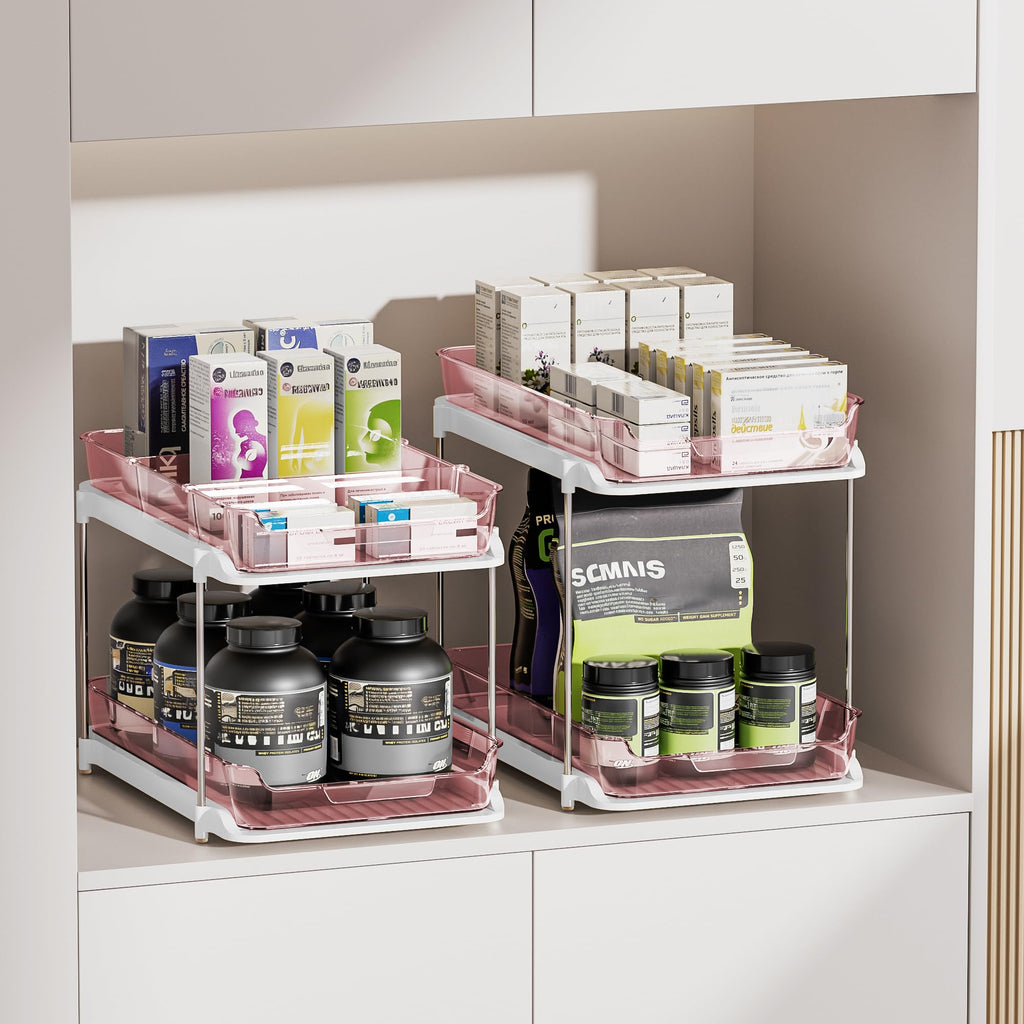 Delamu 2-Tier Multi-Purpose Bathroom Under Sink Organizers and Storage, Stackable Kitchen Pantry Organization, Pull Out Medicine Cabinet Organizer with Movable Dividers, Light Pink, 2 Pack