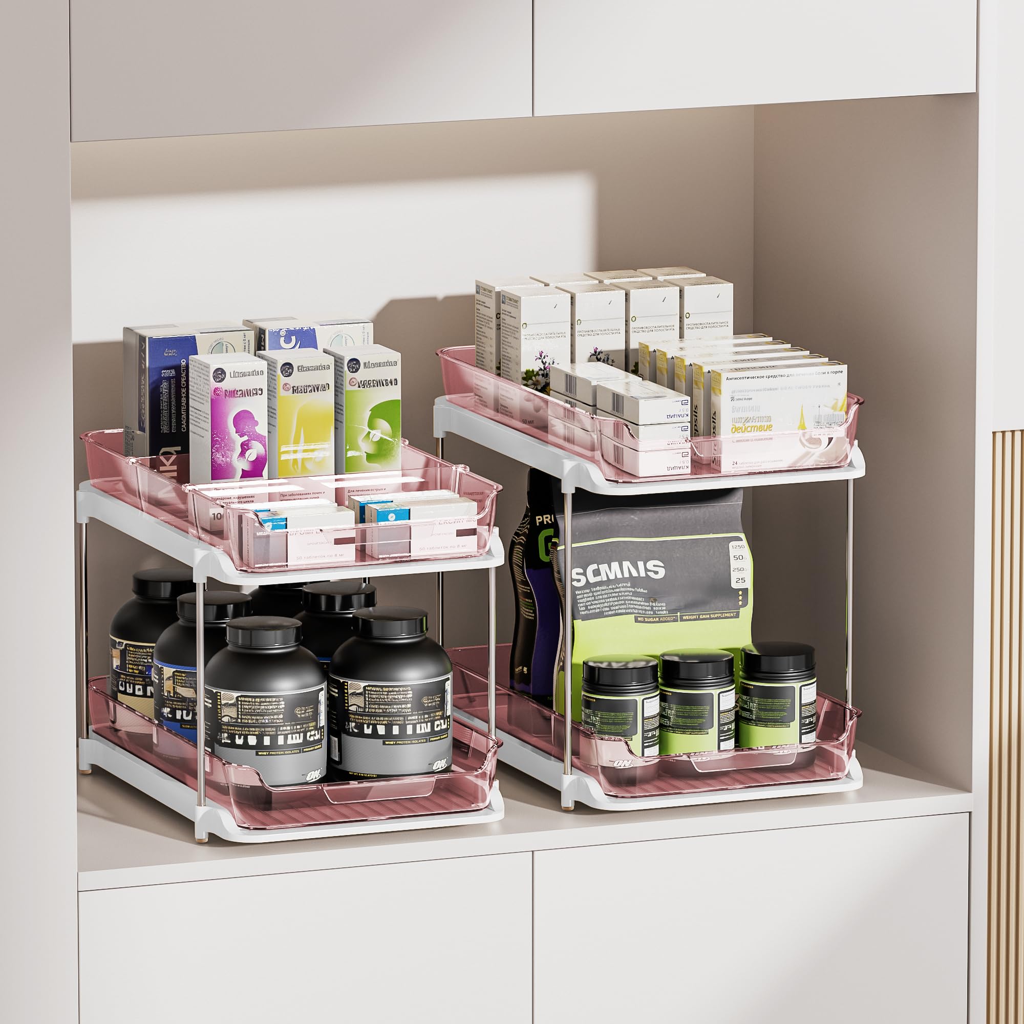 Delamu 2-Tier Multi-Purpose Bathroom Under Sink Organizers and Storage, Stackable Kitchen Pantry Organization, Pull Out Medicine Cabinet Organizer with Movable Dividers, Light Pink, 2 Pack