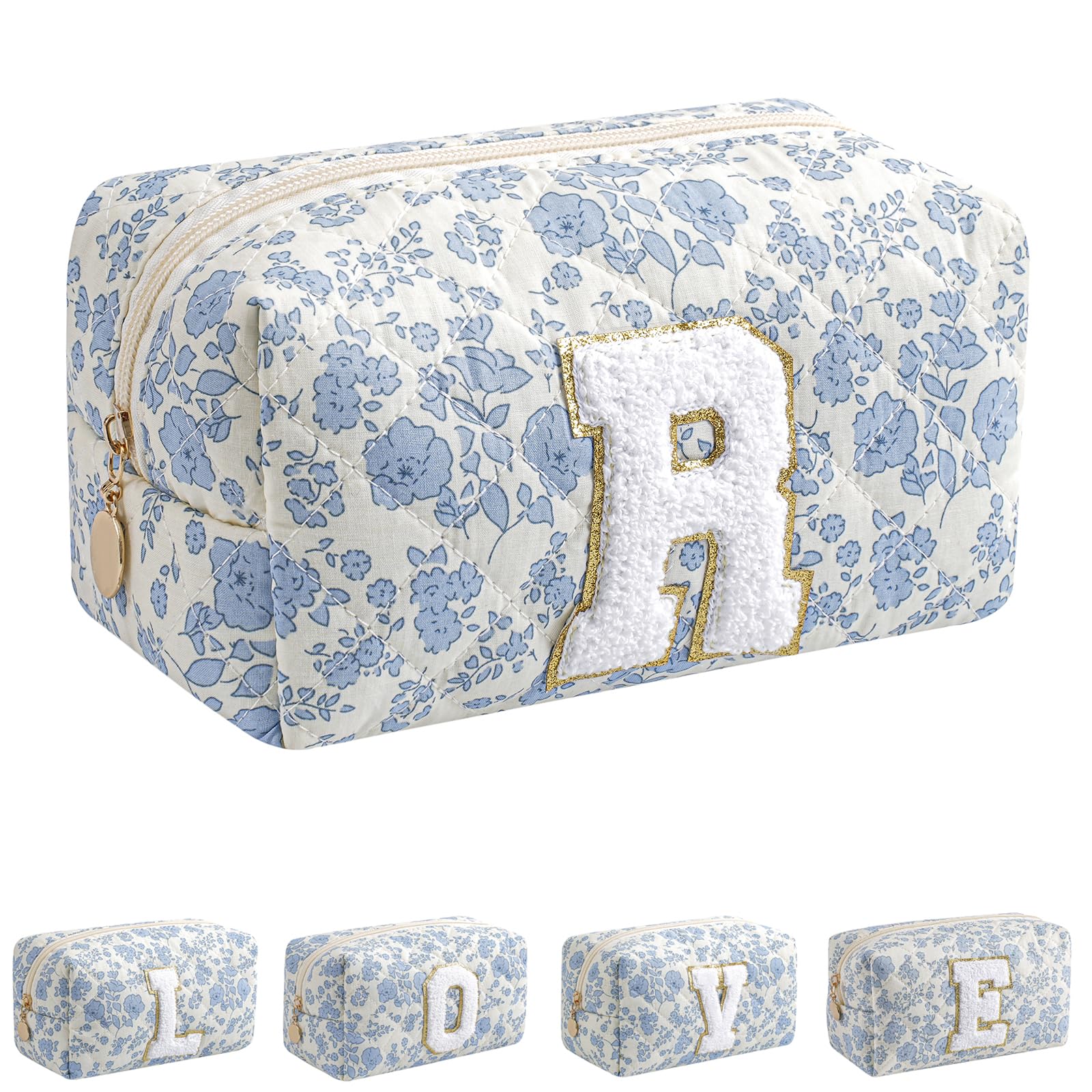 JOVAKIT Alphabet Makeup Bag Cosmetic Bag for Women, Christmas Gifts for Girls Age 6-18, Floral Flowers Coquette Travel Toiletry Zipper Make Up Pouch Organizer Trendy Stuff (Blue Floral R)