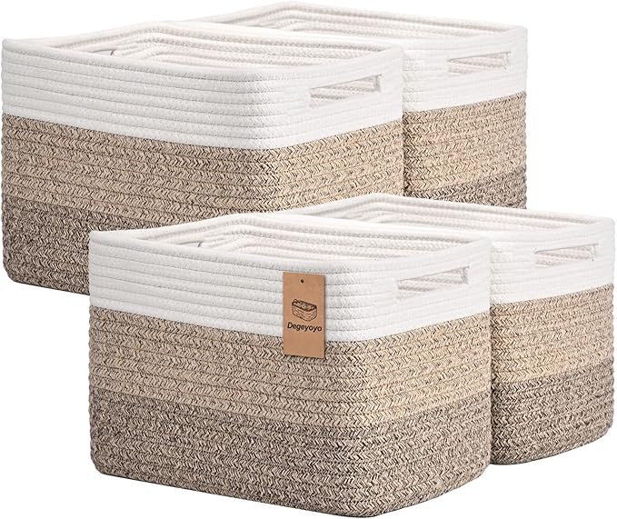 Storage Baskets for Organizing, 4 Pack Baskets for Shelves, Decorative Storage Bins for Shelves, Cotton Rope Storage Basket with Handles, Woven Basket for Storage, 13''Lx8.7''Wx7.9''H, Gradient Brown