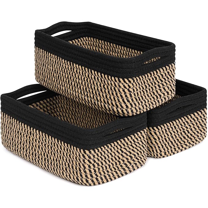 Goodpick Storage Baskets, Small Baskets for Organizing Gift Basket Empty Woven Rope Basket for Shelves Closet Organizer Bins for Towels 3 Pack, Black & Jute, 11 x 7 x 4.5 in