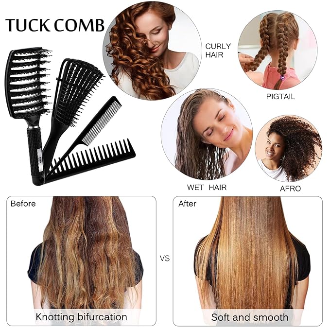 4pcs Curly Hair Brush Set for Adult & Kids Wet or Dry, Detangling Brush for 3/4ABC Hair with Wide Tooth Comb (4, Black)
