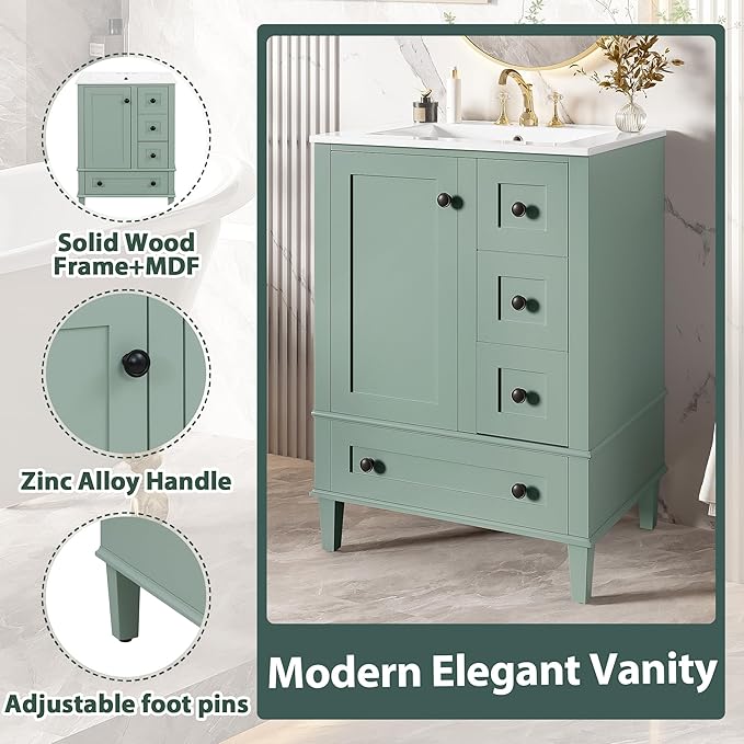 Bellemave 24" Bathroom Vanity with Sink Combo Set, Solid Wood Frame Bathroom Storage Cabinet with 3 Drawers, Soft Closing Cabinet Door with Organizer, Light Green