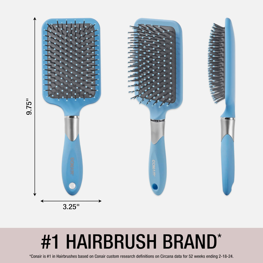 Conair Velvet Touch Paddle Cushion hair brush - Detangling hairbrush - curly or straight styles - men or women - detangler - features soft touch handle - Sky Blue