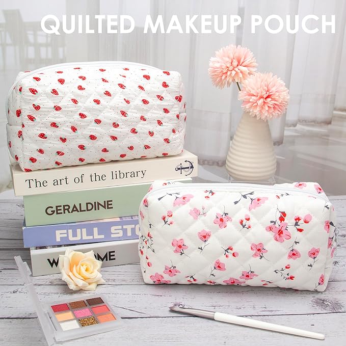 PAZIMIIK Small Quilted Makeup Bag,Zipper Cosmetic Pouch,Myrtle Pink