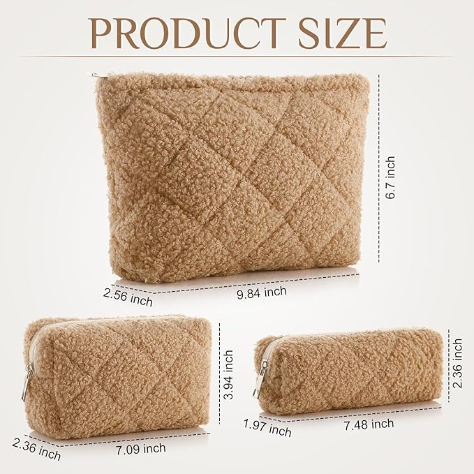 Paterr 3 Pcs Quilted Makeup Bag Set Back to School Favor Small Bridesmaid Cosmetic Bag Aesthetic Travel Pouch Cute Purse Pencil Case Makeup Storage Organizer for Women Birthday Gift(Fuzzy,Khaki)
