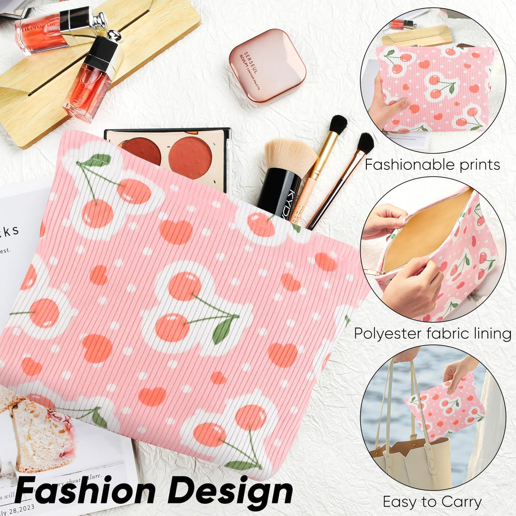 Ksriylm Cute Cherry Makeup Pouch for Women Red Heart Small Make Up Bag for Purse Zipper Initial Makeup Cosmetic Bags Pouches for Purse Aesthetic Travel Toiletry Bags, Pink Cherries Hearts