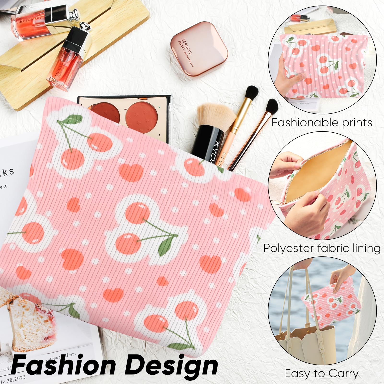 Ksriylm Cute Cherry Makeup Pouch for Women Red Heart Small Make Up Bag for Purse Zipper Initial Makeup Cosmetic Bags Pouches for Purse Aesthetic Travel Toiletry Bags, Pink Cherries Hearts