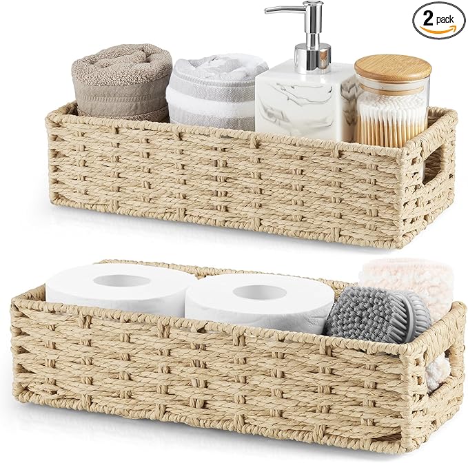 dreamkey Set of 2 Wicker Toilet Paper Storage Baskets, Hand-Woven Paper Rope Bathroom Organizer for Toilet Tank Top & Countertop, Decorative Nesting Baskets with Handles, Beige