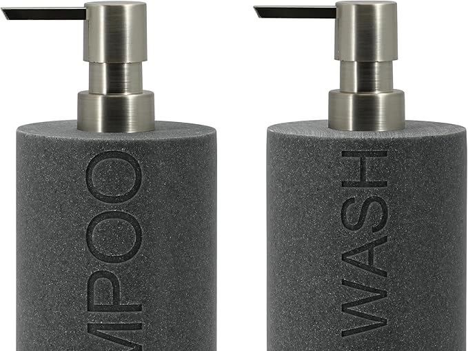 Indecor Home Resin 2 Pack Shampoo, Conditioner or Body Wash Dispenser Set, Luxurious Refillable Pump Bottles with Matte Pump Top and Embossed Text, Durable Design for Bathroom and Shower