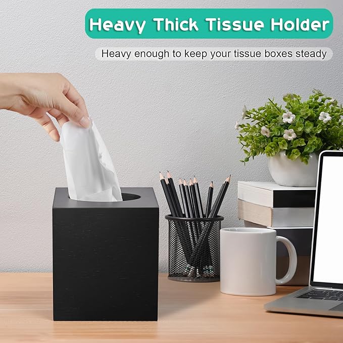 ALELION Wooden Tissue Box Cover Square - Large Black Tissue Box Holder for Tabletop Night Stands Bathroom Office - Decorative Facial Cube Tissue Box Cover