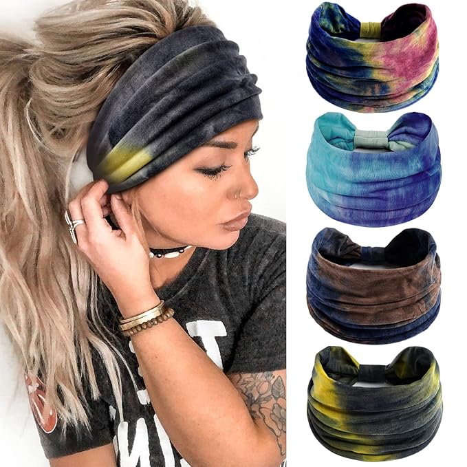 Huachi Wide Headbands for Women Tie Dye Head Wraps Boho Thick Hairbands Large African Sport Yoga Turban Headband Hair Accessories (Pack of 4)