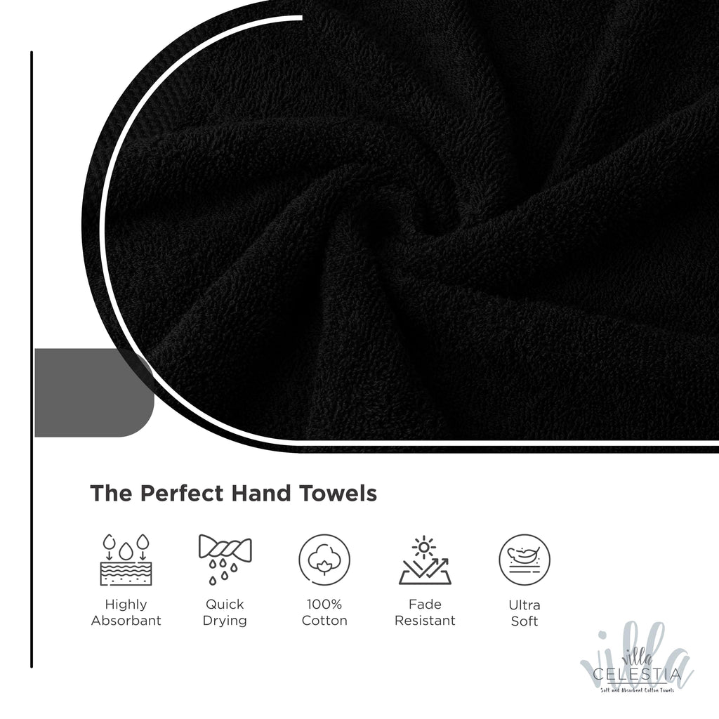 Villa Celestia Cotton Hand Towels Set of 4, 16 x 28, Oeko-TEX Certified, Quick Dry, Black