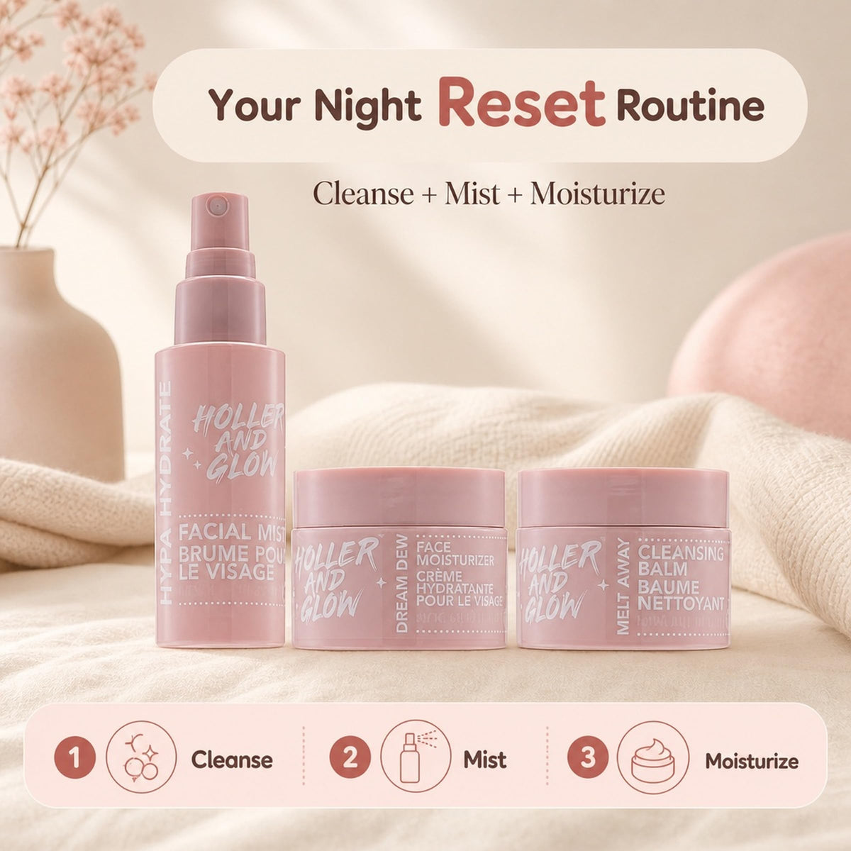 Holler & Glow Rest & Reset Skincare Set - Cleanser, Mist & Moisturizer