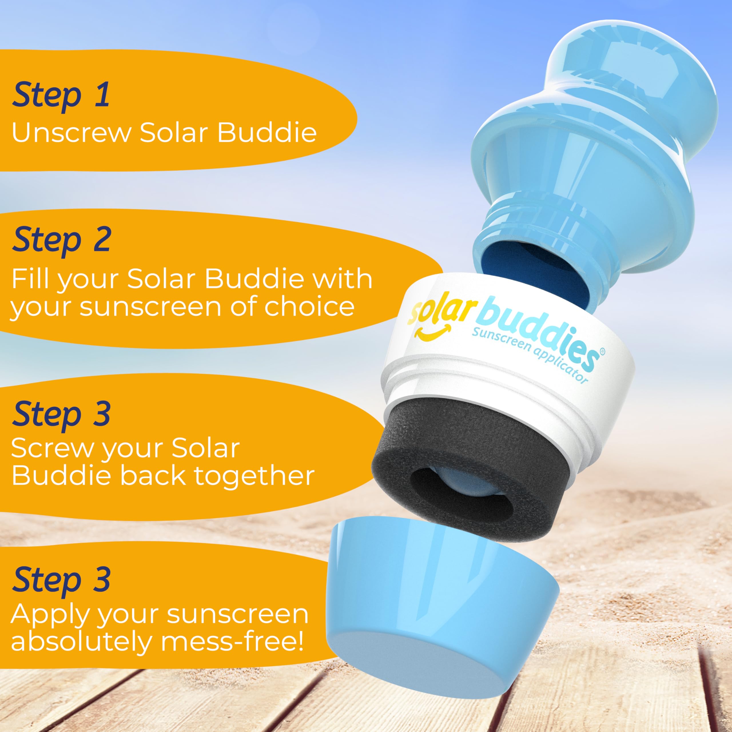 Solar Buddies Sunscreen Applicator – Full Blue– Refillable Roll-on Sponge for Sunscreens & Lotions – For Kids, Adults & Families – Holds 3.4Fl Oz – Perfect for Travel