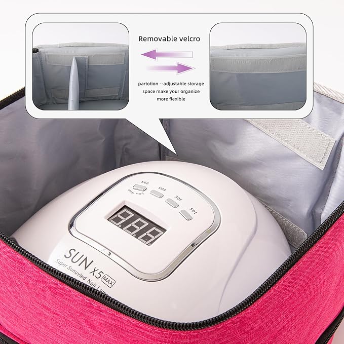 AGX Bravo Nail Polish Carrying Case with UV LED Nail Lamp Compartment - Holds 30 Bottles, Double-layer Nail Light Storage Bag for Nail Dryer, Rose-Pink (BAG ONLY)