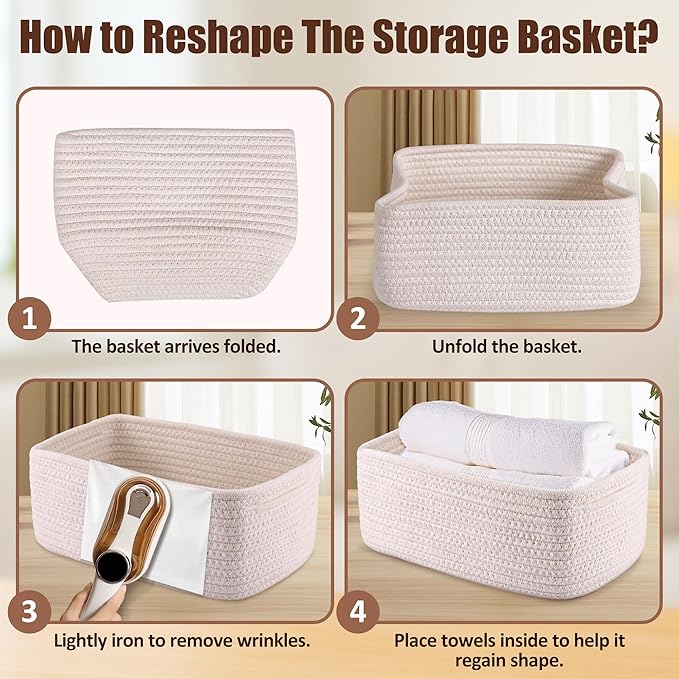 VIRETH HAUS 5-Pack Small Woven Rope Storage Baskets – 2 Sizes Organizer Bins for Closet, Shelf, Bookshelf, Nursery, Changing Table, Fabric Cube Boxes, Rectangular Shallow Bins for Bathroom, Toy & Home