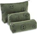 Huhumy 3 Pcs Makeup Bag Set for Women Corduroy Cosmetic Pouch Aesthetic Smile Travel Toiletry Bag Cute Purse Pouch Pencil Case Makeup Brushes Storage Organizer with Zipper(Army Green,Smile Face)