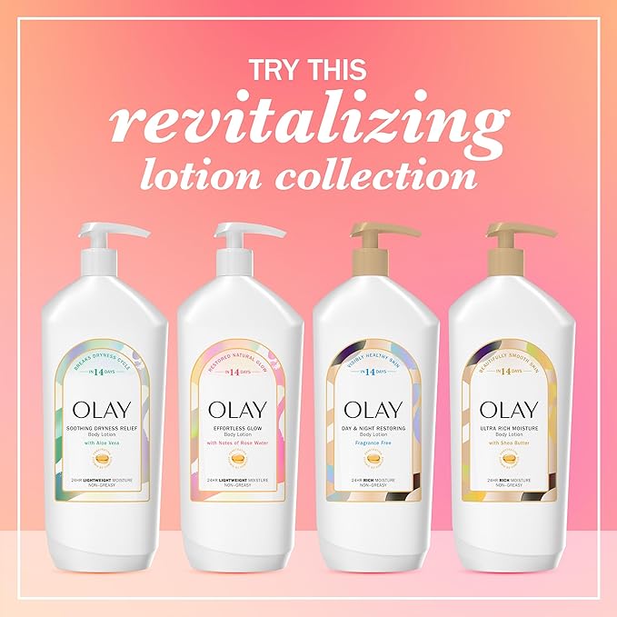 Olay Body Lotion for Women, Effortless Glow,Restore Natural Glow, 24hr Moisturizing & Deep Hydration, Absorbs Instantly, Penetrating Vitamin B3,For All Skin Types,Rose Water Scent,18 fl oz,(Pack of 2)