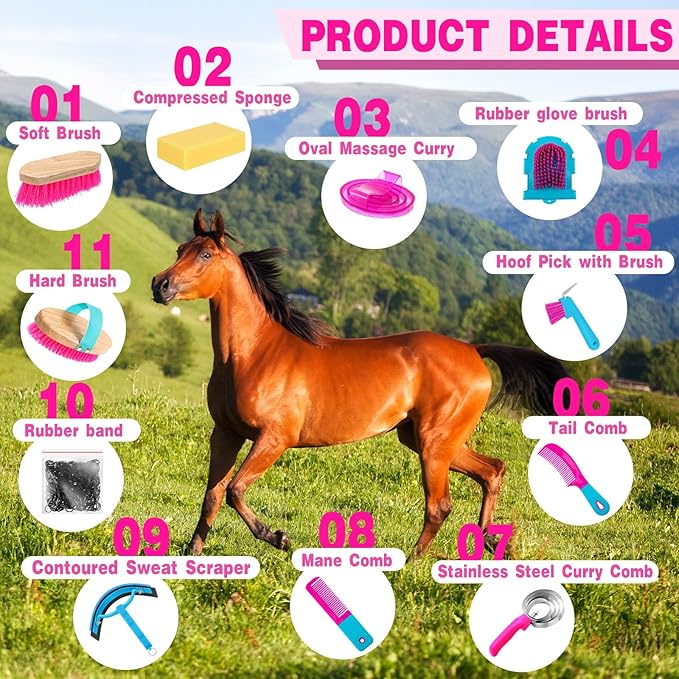 Abbylike 12 Pieces Horse Grooming Kit with Organizer Tote Bag Tack Room Supplies Horse Brush Sets Equine Care Cleaning Kit Shedding Grooming Massaging Tools(Rose Red)