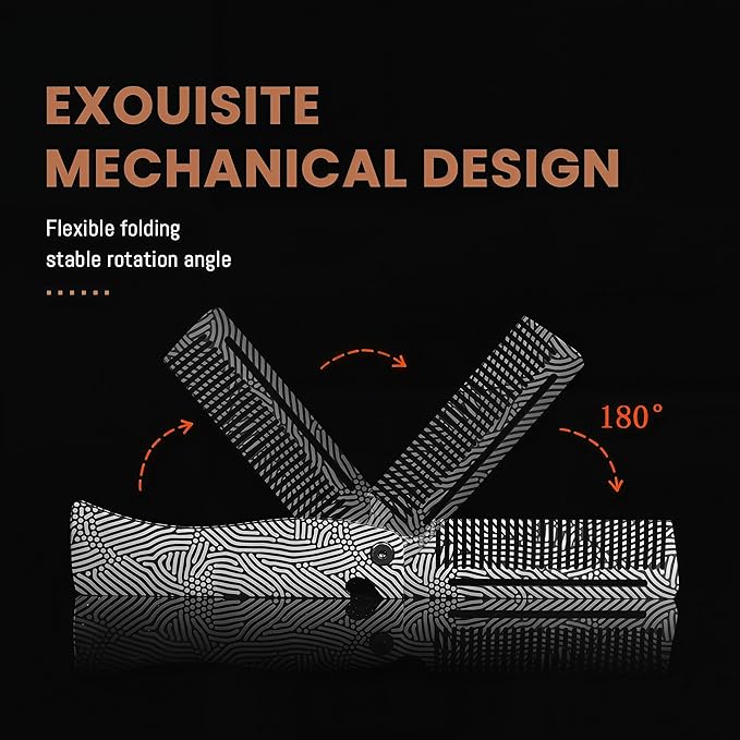 Metal Beard Comb for Men, Folding, 201Steel, Laser Engraved Handle, 0.17lb