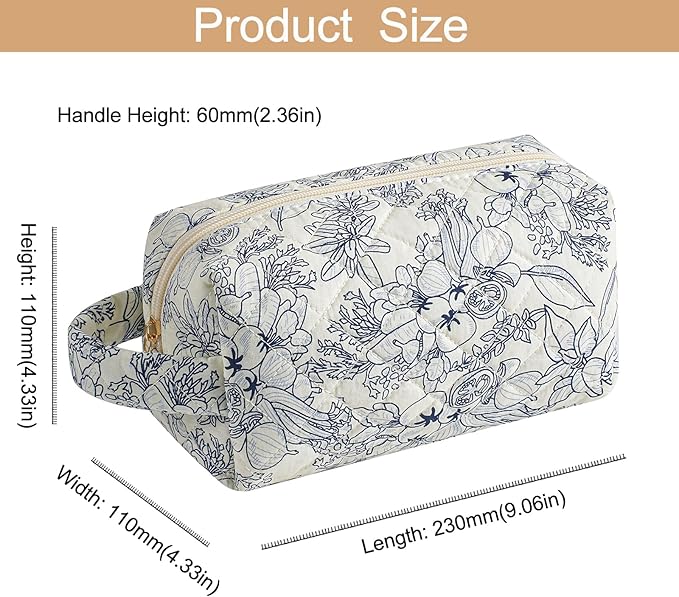 HHQQWZ Makeup Bag Travel Cosmetic Bag for Women, Zipper Make Up Pouch, Floral Flowers Toiletry Organizer Makeup with Handle, Cosmetic Travel Cloth Bag (Navy Blue Flower)