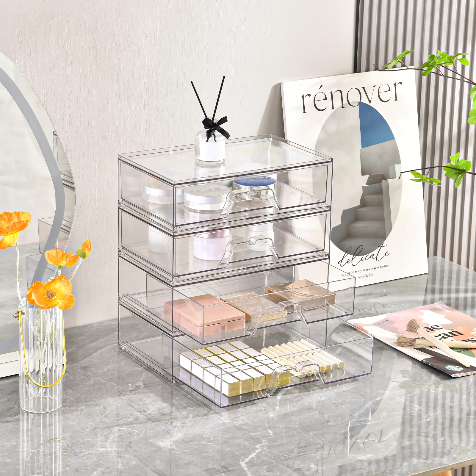3 Pack Stackable Makeup Organizer, 12.1''L Acrylic Bathroom Organizer and Storage Undersink Drawer, Cosmetics and Beauty Supplies,Clear Plastic Storage Bins for Vanity,Pantry,Desk,Cabinet,Kitchen