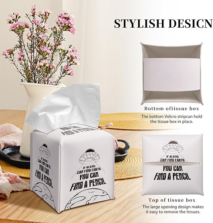 Grace Yonks Cute Tissue Box Cover Square - UFO & Earth Funny Design 5.2" PU Leather Holder for Vanity, Desk, or Bathroom Counter - Cube Case for Facial Tissues(017)