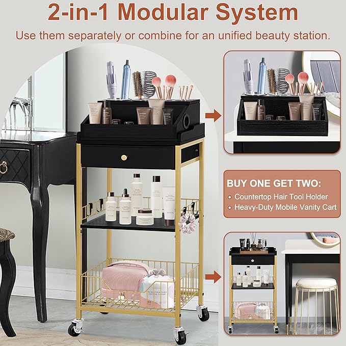 NauwaBarn Large Makeup Organizer Cart with Hair Tool Holder, Rolling Makeup Cart with Drawer, 2-in-1 Vanity Organizer Cosmetic Display Cases for Skin Care Perfume Nail Polish Brush Tools, Gold & Black