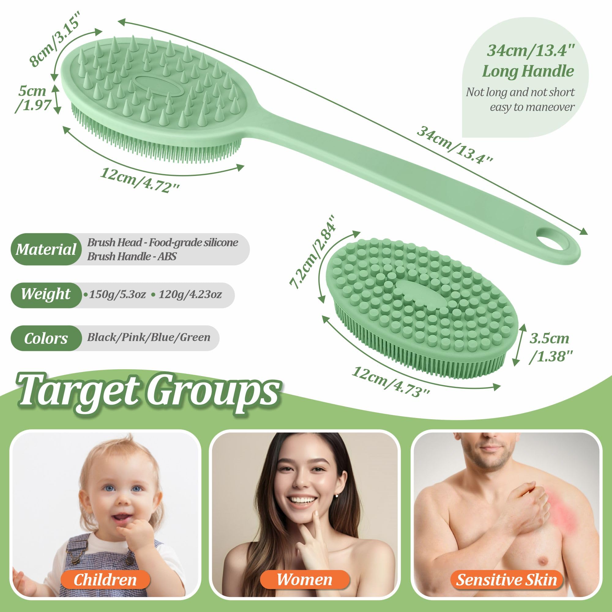 GEENOA Silicone Back Washer for Shower, Gentle Exfoliating Body & Back Scrubber with Handle, Silicone Loofah with Two Dual-Side & Replaceable Brush Heads(Green-Two Heads)