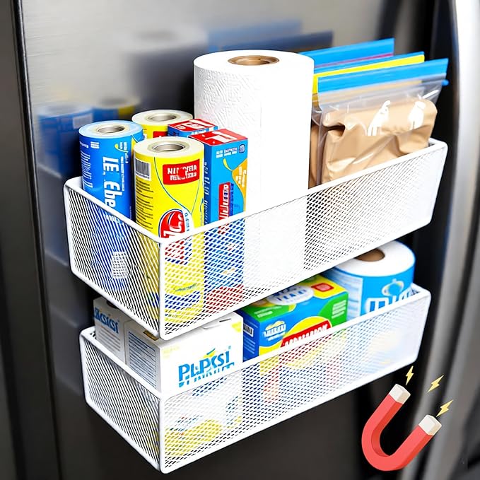 Magnetic Basket Organizer Holder for Fridge，Magnetic Shelf for Washing Machine， Magnetic Mesh Basket, White Rectangular Steel Shelf Organizer, 10.43 x 4.92 x 3.15 Inches (White, 1 pack)