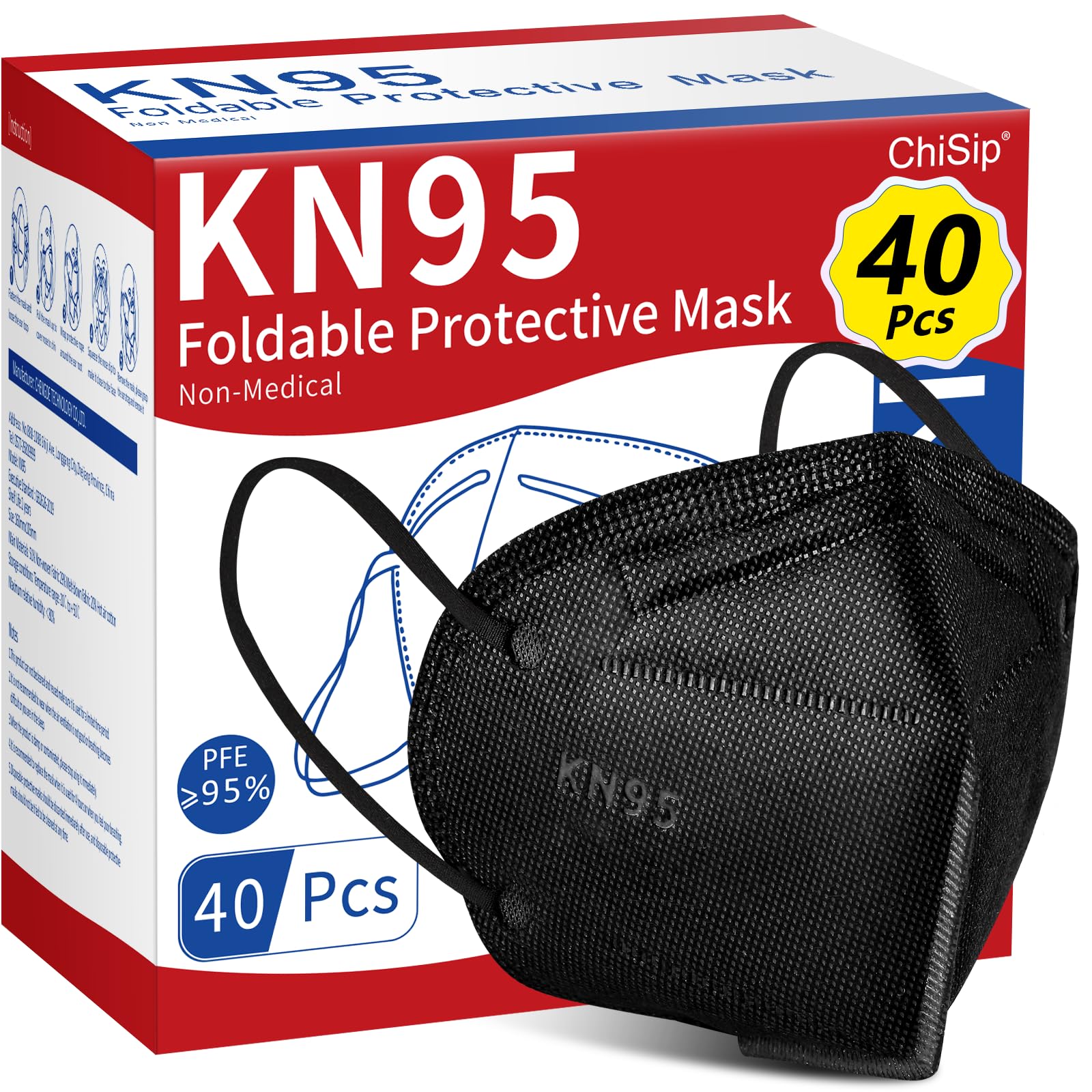 ChiSip KN95 Face Mask 40 Pcs, 5-Ply Cup Dust Safety Masks, Breathable Protection Masks Against PM2.5 for Men & Women, Black