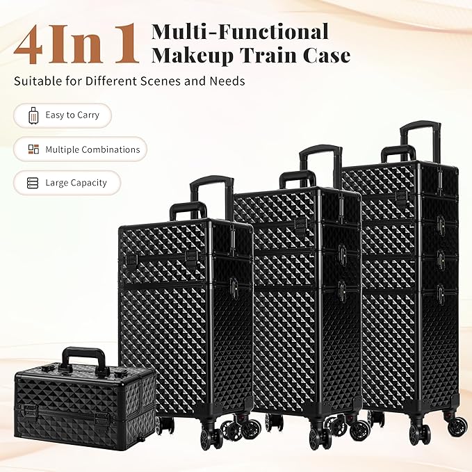 AROUS Rolling Train Makeup Case Cosmetology Case on Wheels, Black