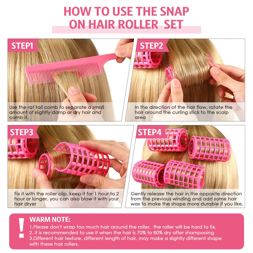 Syhood 12 Pcs Pink Plastic Hair Rollers for Women Large Size Curlers Set