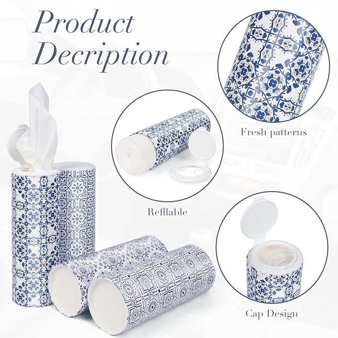 Car Tissue Holder,Facial Tissues Bulk,Travel Tissues, 4 Tubes Tissues with Lotion, Round Tissue Box for Car tissues Cylinder(200 Sheets,3-ply)
