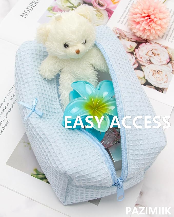 PAZIMIIK Cozy Makeup Bag for Women,Zipper Cosmetic Pouch,Waffle Blue,2 Pack