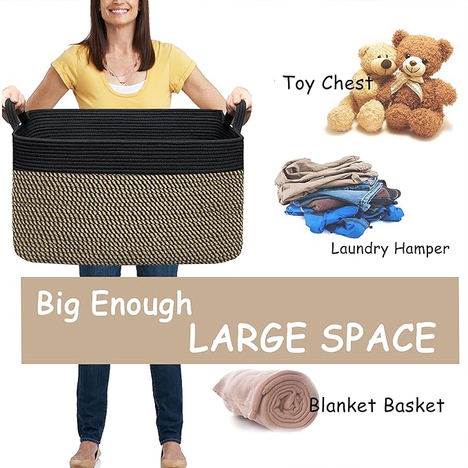 COMFY-HOMI Large Rectangular Blanket , Cotton Rope Woven for Storage, LaundryHamper, Storage ,Toy Organizing Bin with Handle, Organizer and Storage-22x15x12-Black/Jute