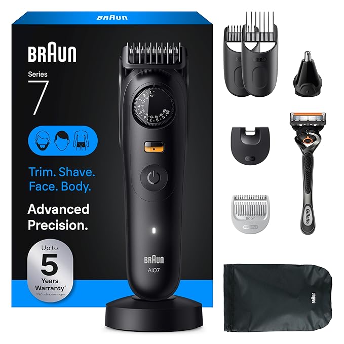 Braun All-in-One Series 7 Men's Electric Beard Trimmer, Hair Clipper, Shaver & Razor for Face, Hair & Body, All-in-One AIO 7535 with Gillette ProGlide Razor, Cordless