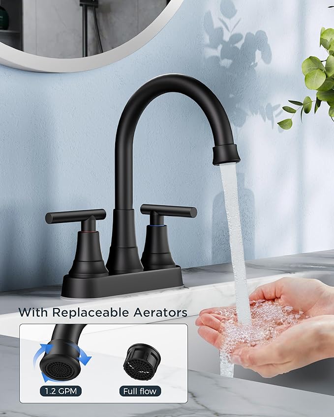 FORIOUS Matte Black Bathroom Faucets, 4 Inch Centerset Bathroom Sink Faucet 2 or 3 Hole with Pop up Drain and cUPC Hose, Two Handles Control, 360° spout for Restroom,Vanity, RV