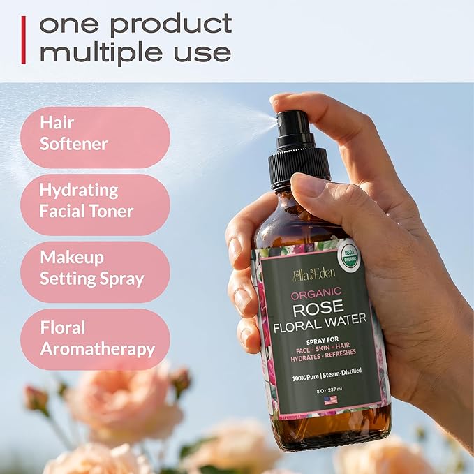 Ella & Eden 100% Pure Organic Rose Water Spray for Face, for Hair - 8oz, Alcohol-Free, No additives - USDA Organic, Steam-Distilled - Refreshing, Hydrating, Glass Bottle
