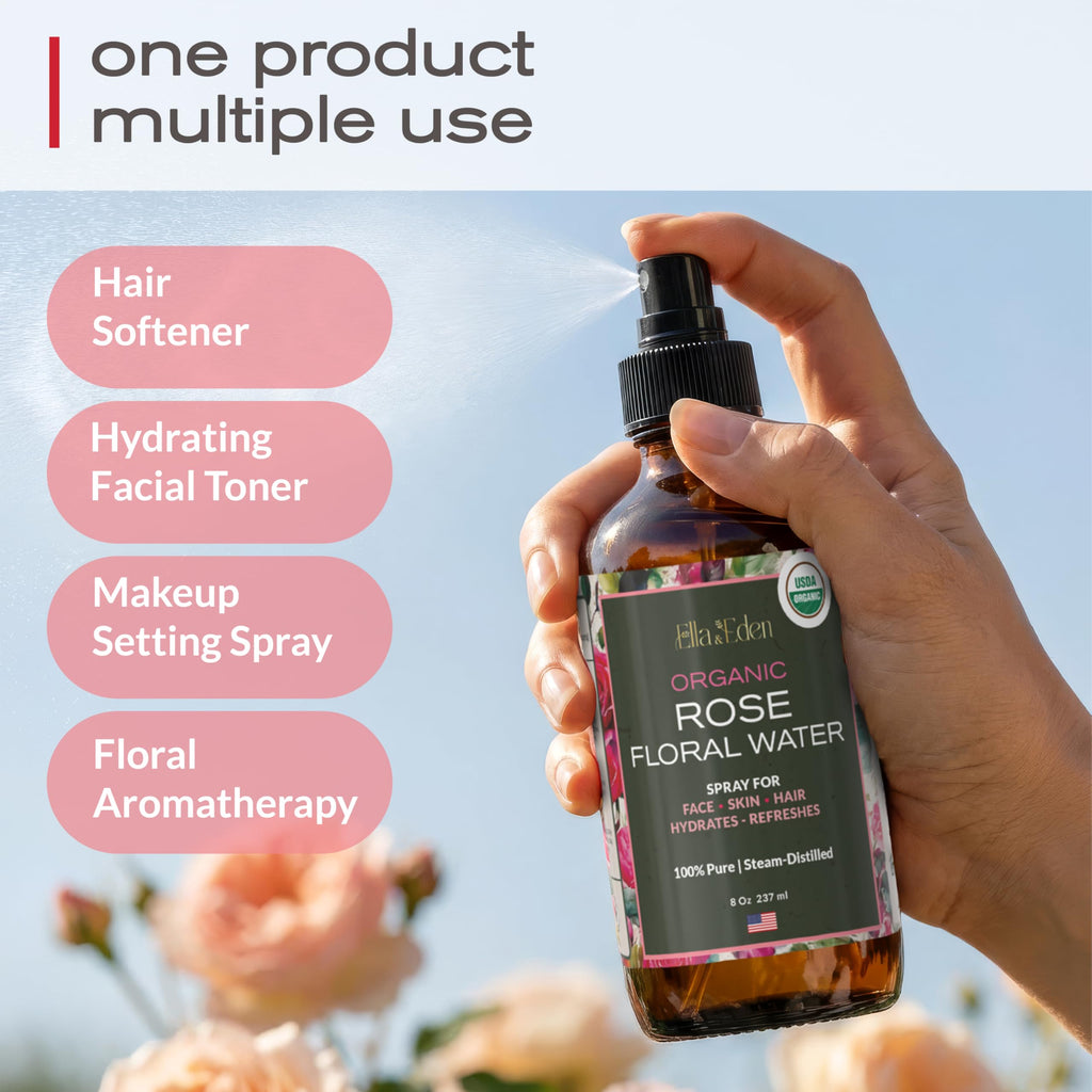 Organic Rose Water Spray for Face & Hair, 100% Pure, Alcohol Free, 8 Oz