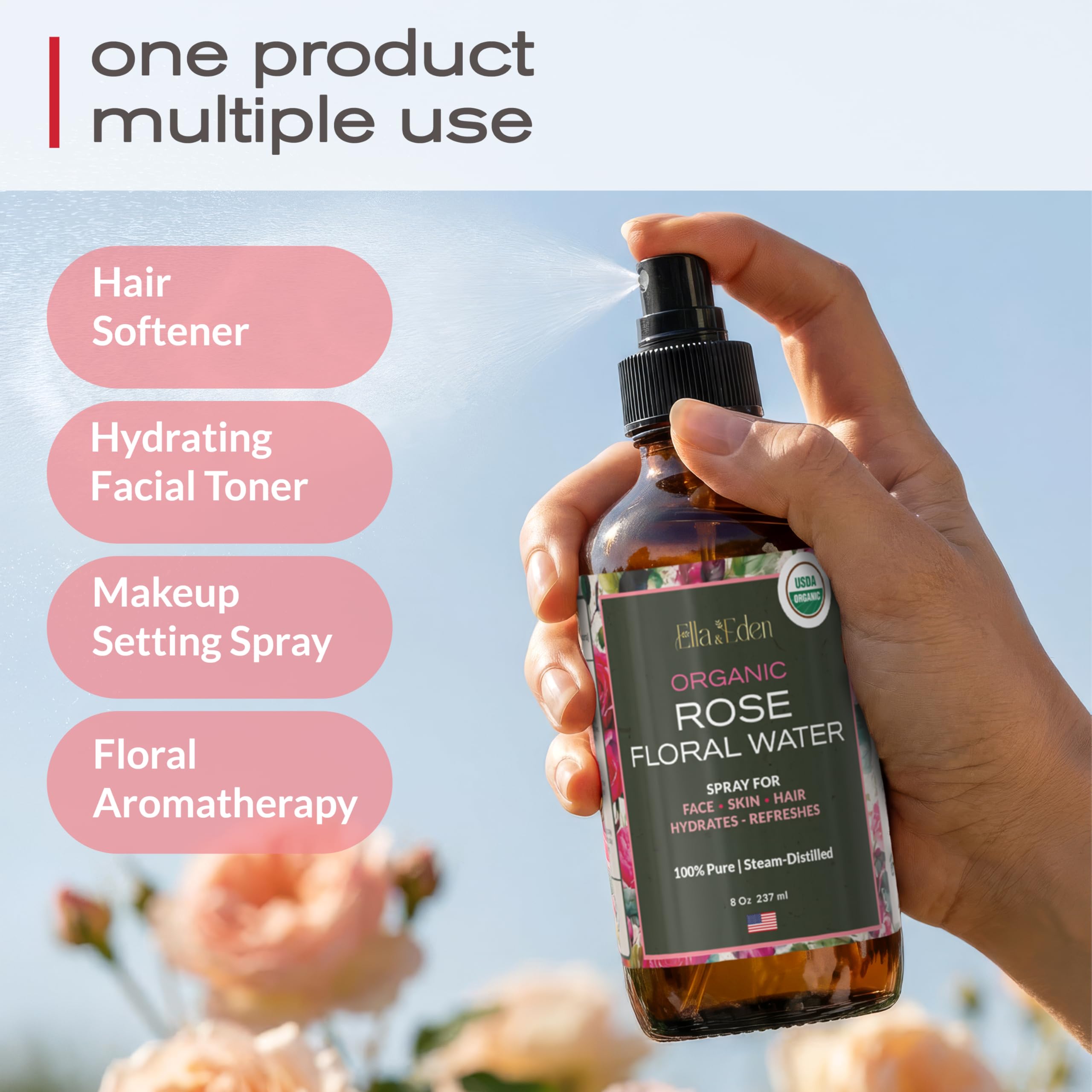 Organic Rose Water Spray for Face & Hair, 100% Pure, Alcohol Free, 8 Oz