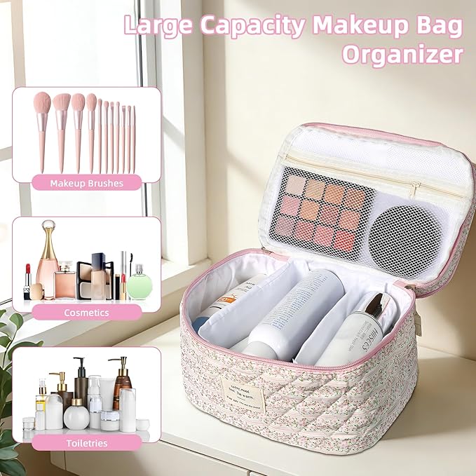 Gosect Makeup Bag, Portable Travel Make up Bag, Large Capacity Quilted Cosmetic Organizer Bag, Cute Floral Toiletry Bag for Women Girls (Pink Flower)