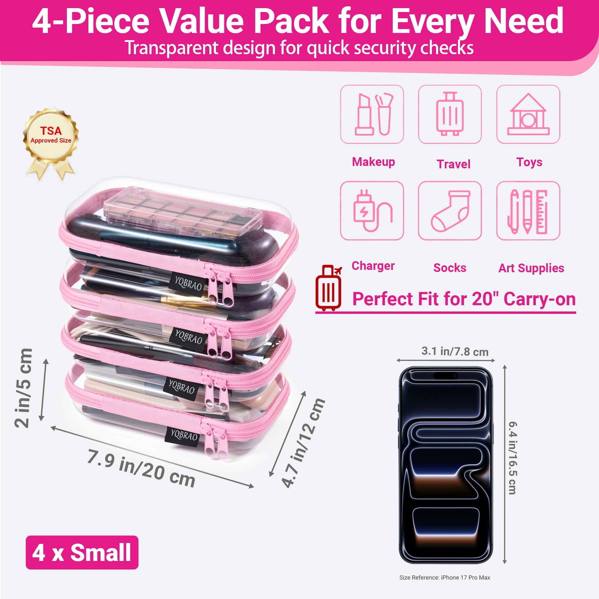 YQBRAO 4-Pack Clear Hard Shell Zipper Case, 1.2mm Ultra-Thick Diaper Bag Organizer Pouches, Rigid Self-Standing Travel Makeup Bags with YKK Zippers, TSA Approved, Pink
