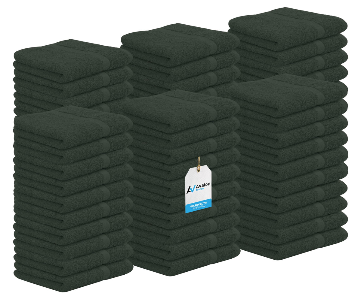 Avalon Towels Cotton Washcloths – (Pack of 60) Size 12x12 Inches, 100% Ring Spun Cotton, Soft & Absorbent Face Towels, Gym Towels, Hotel and Spa Quality, Reusable Fingertip Towels (Black)