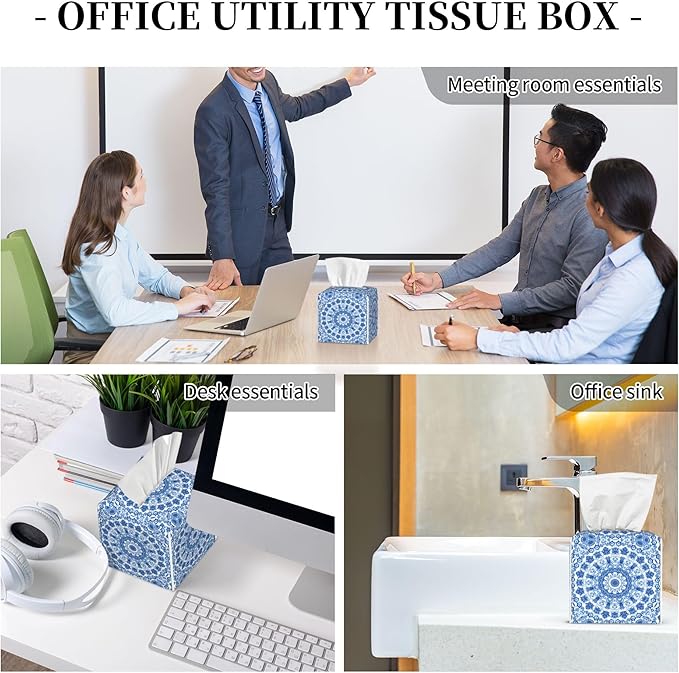 Boho Mandala Flower Tissue Box Cover Square, Blue and White Porcelain Floral Tissue Box Holder Waterproof Leather Facial Paper Organizer Dispenser for Bathroom Home Car Nightstand Vanity Desk