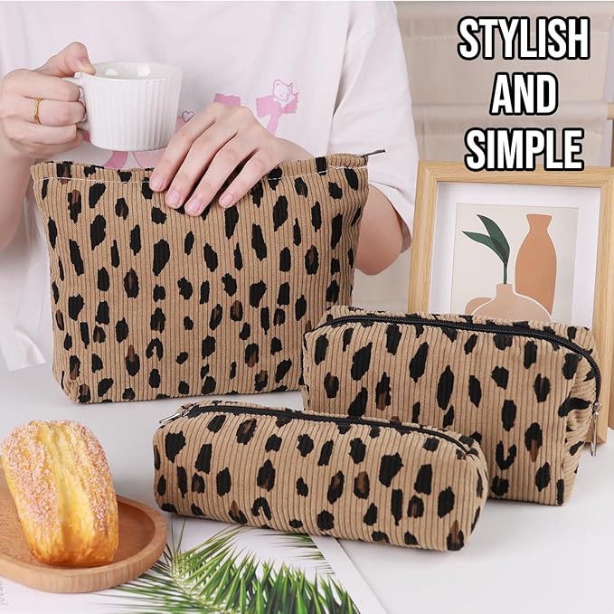Gocvo 3 Pcs Makeup Bag Cosmetic Bag Set for Girls Women Travel Organizer Bathroom Toiletry Pouch Large Capacity Storage Bag (Leopard Brown)